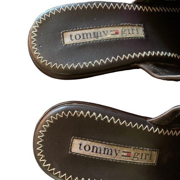 VINTAGE TOMMY GIRL Chunky Brown Leather Platform Mules Clogs Y2K 2000s Size 6 - Picture 7 of 8